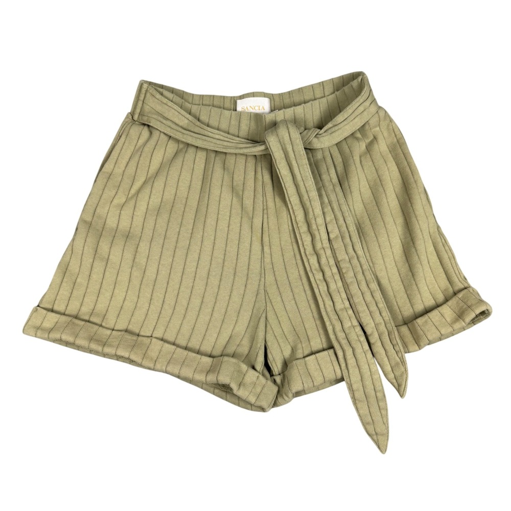 Anthropologie Sancia Sage Green Ribbed Cotton Belted Shorts Size M High Waist